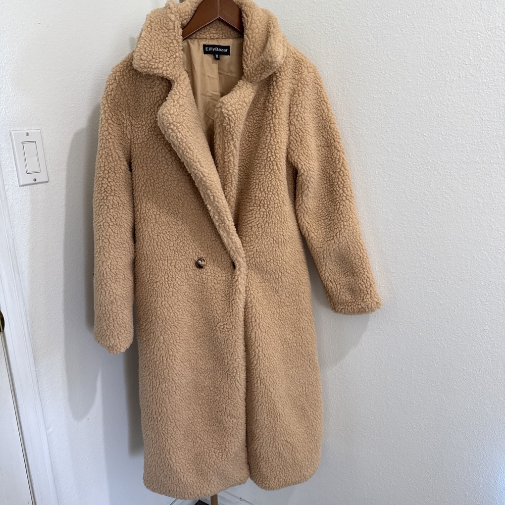 Eilly Bazar Women's Beige Double Button Teddy Midi Coat Size XS